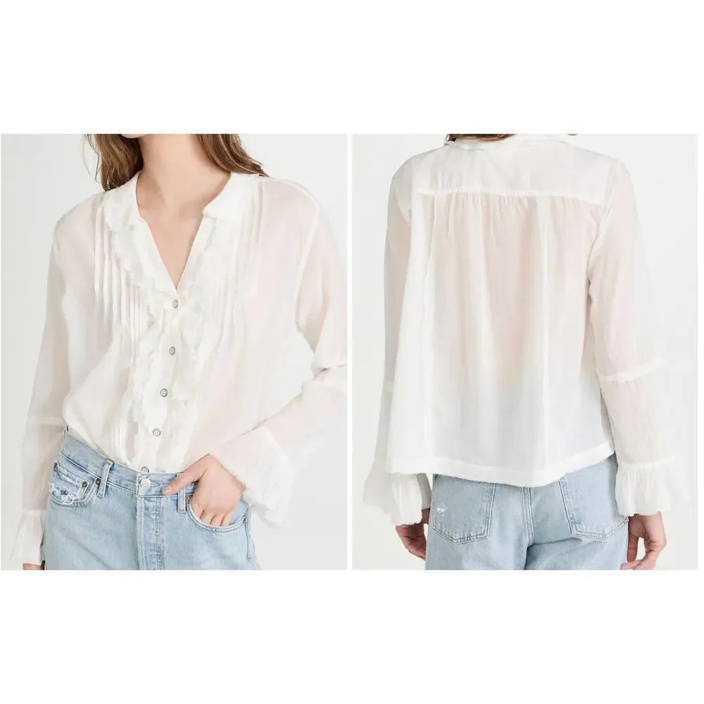 Free People Savannah Ruffle Button Down Blouse Medium New Boho Festival Top $128